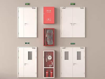Essential Fire Equipment Featuring White Fire Doors Red Cabinets And Exit Signs 3d model
