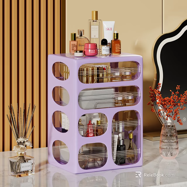 Purple Dressing Table Storage Organizer With Skincare Products Cosmetics Mirror And Fragrance Sticks 3d model 