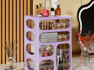 Purple Dressing Table Storage Organizer With Skincare Products Cosmetics Mirror And Fragrance Sticks 3d model