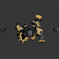 Futuristic Robot Character With Yellow Black Purple Armor And Side Flying Devices