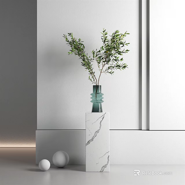 Green Glass Vase with Fresh Foliage on White Marble Pedestal by Gray Wall with Decor 3d model 