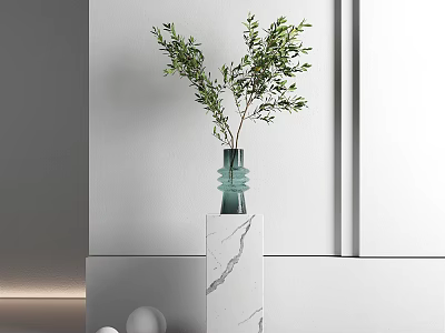 Green Glass Vase with Fresh Foliage on White Marble Pedestal by Gray Wall with Decor 3d model