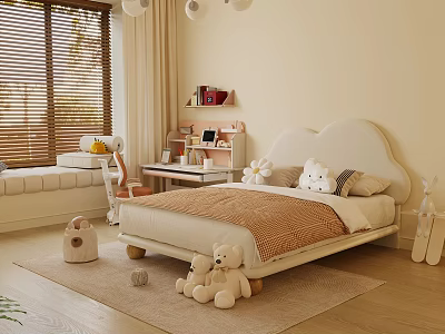 Cozy Kids Bed with Cloud Shaped Headboard Teddy Bears and Desk in Children's Room 3d model