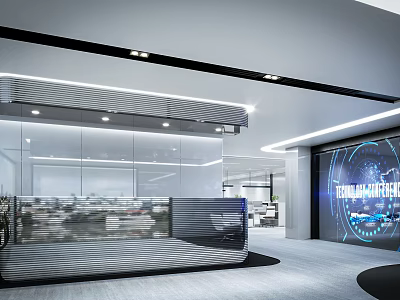 Modern Office Reception Desk With Glass Partition And Hi tech Screen Interior Design 3d model