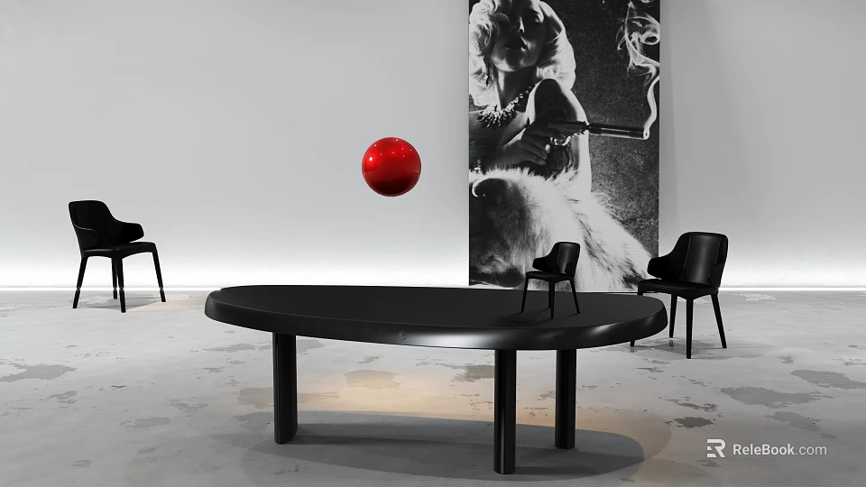 Black Oval Shaped Desk With Black Chairs Red Sphere And Black White Portrait Painting 3d model 