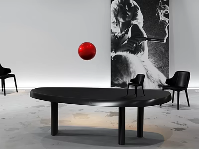 Black Oval Shaped Desk With Black Chairs Red Sphere And Black White Portrait Painting 3d model