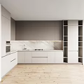 Modern Kitchen With Gray And White Cabinets Marble Countertop And Open Shelves