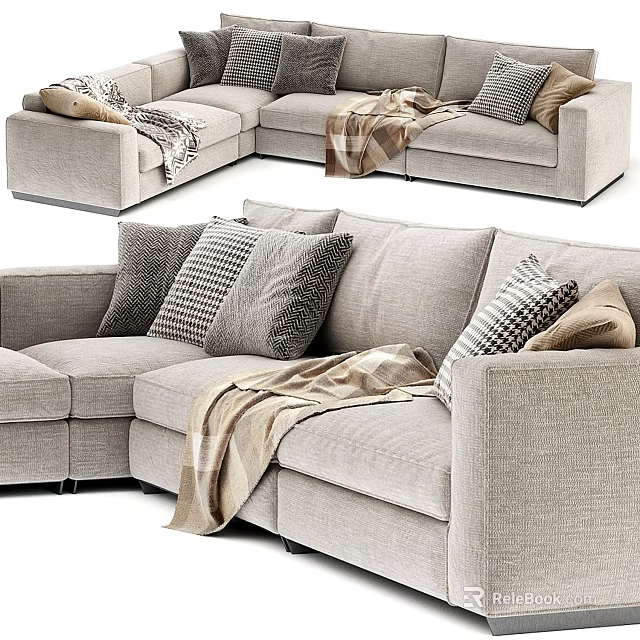 Plush Sectional Sofa With Cozy Blanket And Decorative Pillows In Neutral Tone 3d model 