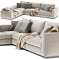 Plush Sectional Sofa With Cozy Blanket And Decorative Pillows In Neutral Tone