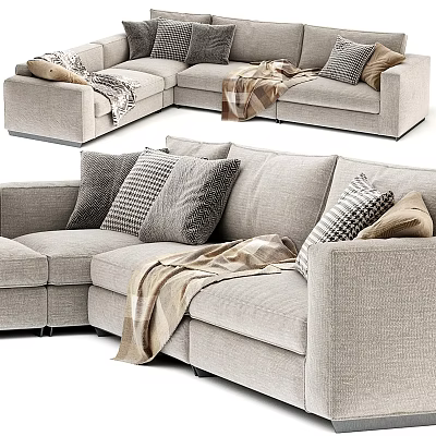 Plush Sectional Sofa With Cozy Blanket And Decorative Pillows In Neutral Tone 3d model