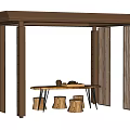 Wooden Pergola Design With Open Structure And Wooden Table With Tree Stump Stools