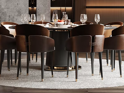 Modern Elegant Dining Table Set With Brown Leather Chairs Round Top And Gold Metal Base 3d model