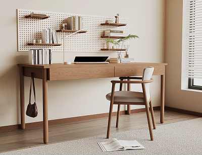 Modern Wooden Desk Setup With Pegboard Shelf Books Decorations Laptop And Chair 3d model