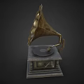 Vintage Electronic Gramophone Featuring Classic Brass Horn And Retro Design