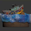 Decorative Model Scene with Small Boat on Blue Water and Brown Base Hills