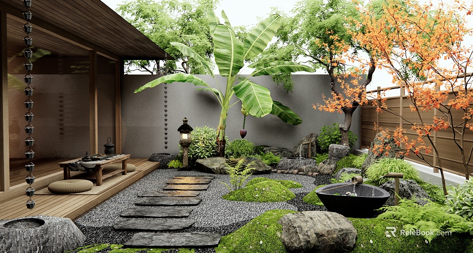 Japanese Garden Courtyard With Stone Lantern Banana Tree Stone Stepping Path Waterfall Pebbles And Moss 3d model 