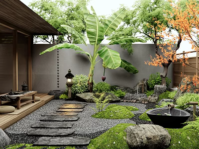 Japanese Garden Courtyard With Stone Lantern Banana Tree Stone Stepping Path Waterfall Pebbles And Moss 3d model