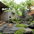 Japanese Garden Courtyard With Stone Lantern Banana Tree Stone Stepping Path Waterfall Pebbles And Moss