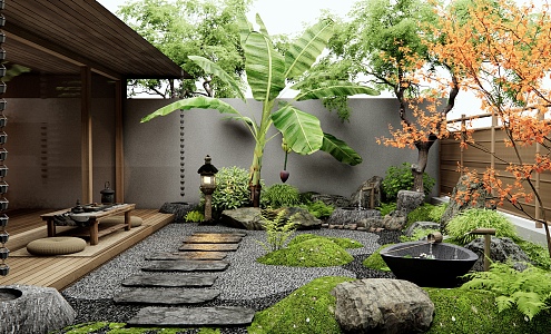 Japanese Zen Courtyard Garden Dry Landscape Homestay Courtyard Landscape Stone Ting Step Water Pot Landscape Stone Plant Landscape Landscaping Acer 3d model