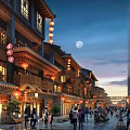 Traditional Commercial Street With Ancient Architecture Red Lanterns And Pedestrian Shops At Night