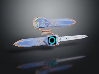 Blue And White Dual Swords With Copper Accents Intricate Patterns And Central Blue Glowing Ring 3d model