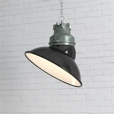 Industrial Style Pendant Light with Black Lampshade Green Metal Top Hanging Against White Brick Wall 3d model