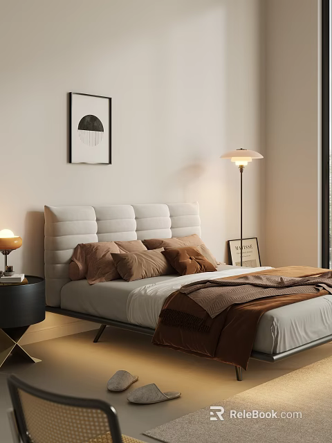 Double Bed With Tufted Headboard Brown Pillows Blanket Nightstand Lamp Floor Lamp And Wall Art 3d model 