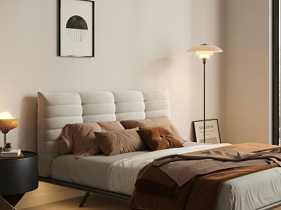 Double Bed With Tufted Headboard Brown Pillows Blanket Nightstand Lamp Floor Lamp And Wall Art 3d model