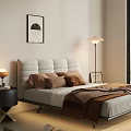 Double Bed With Tufted Headboard Brown Pillows Blanket Nightstand Lamp Floor Lamp And Wall Art