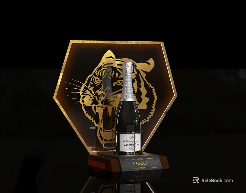 Champagne Bottle And Wine Glass With Golden Hexagonal Tiger Trophy 3d model 