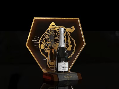 Champagne Bottle And Wine Glass With Golden Hexagonal Tiger Trophy 3d model