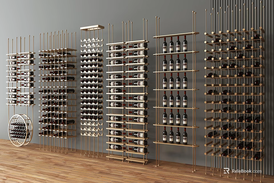 Elegant Wine Display Shelves With Metal Structure And Bottles In Interior Setup 3d model