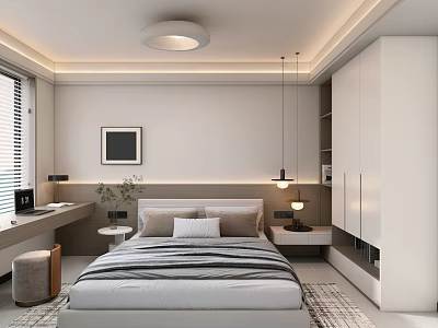 Modern Bedroom Interior Design With Bed Bedside Table Desk Wardrobe And Framed Art 3d model