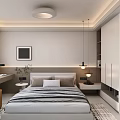 Modern Bedroom Interior Design With Bed Bedside Table Desk Wardrobe And Framed Art
