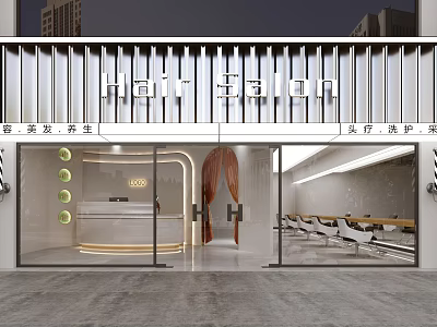 Modern Hair Salon Storefront Design Featuring Glass Doors Illuminated Strips And Interior Chairs 3d model