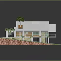 Cartoon Scenery Of Modern White House With Green Lawn Palm Trees And Solar Panels