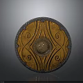 Ornate Round Shield With Golden Brown Surface And Silver Edged Spiral Center Design