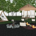 Scenic Campsite With White Sail Shade Surrounded By Trees Glamping Tents And Outdoor Dining Furniture