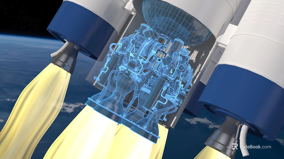 Rocket Engine Propulsion System in Space With Blue Structure Yellow Flames And Earth Background 3d model 