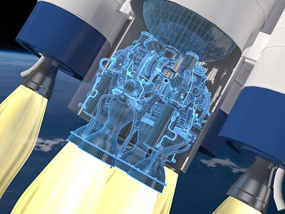 Rocket Engine Propulsion System in Space With Blue Structure Yellow Flames And Earth Background 3d model