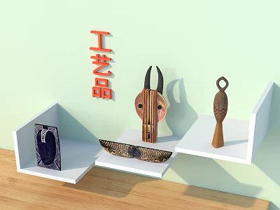 Artistic Decorative Ornaments Set With Mask Shaped And Carved Pieces On White Shelves 3d model