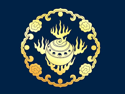Golden Circular Carving with Incense Burner Flames and Clouds on Dark Blue Background 3d model