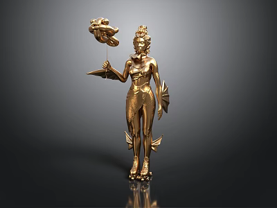 Golden Female Statue Holding Snake Object And Tray With Fin Decorations On Dark Background 3d model