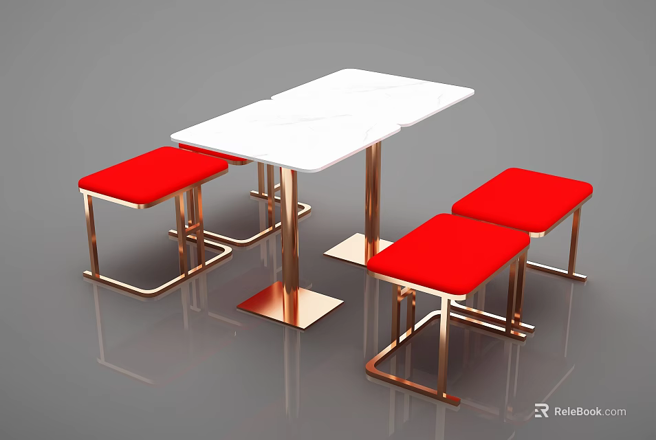 Modern Dining Table Set With White Tabletop Red Stools And Golden Legs 3d model