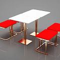 Modern Dining Table Set With White Tabletop Red Stools And Golden Legs 3d model