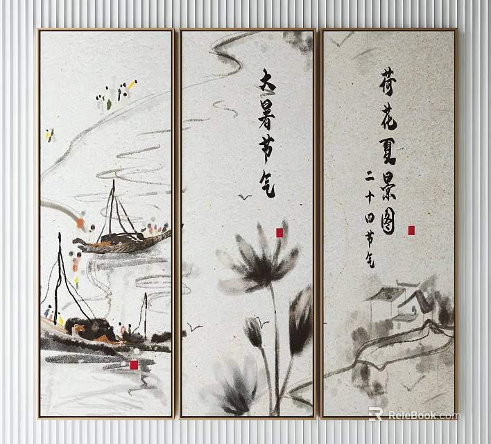 Traditional Chinese Folding Screen With Ink Paintings Lotus Boats Houses And Calligraphy Art 3d model 