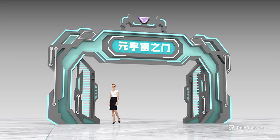 Futuristic Metaverse Themed Archway with Illuminated Tech Inspired Design and Professional Woman Standing Below 3d model 