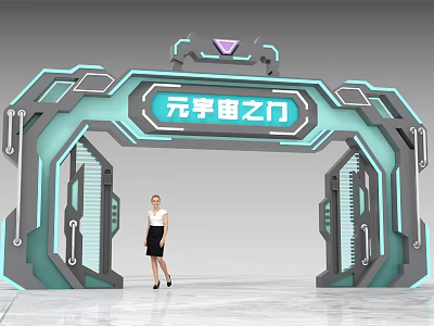 Futuristic Metaverse Themed Archway with Illuminated Tech Inspired Design and Professional Woman Standing Below 3d model