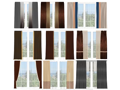 Various Colored Window Curtains In Different Styles With Scenic Views 3d model