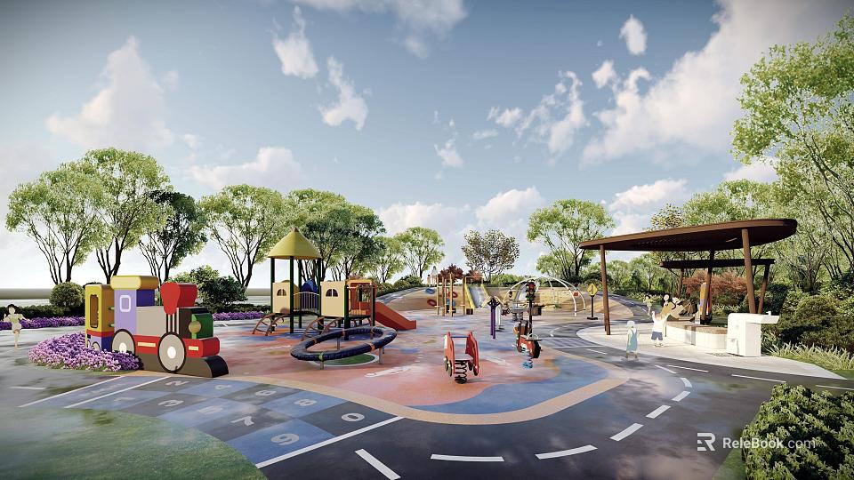 Outdoor Children's Playground With Colorful Slides Swings Climbing Frames And Shade Trees 3d model 